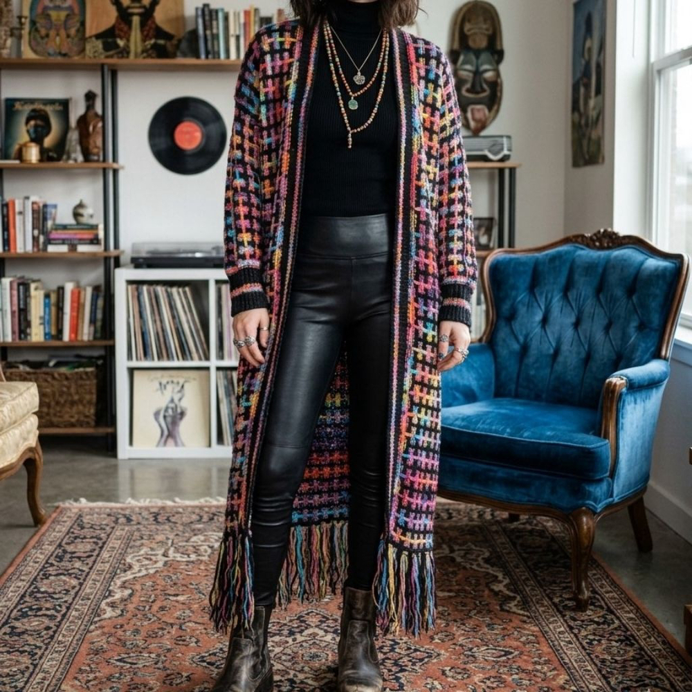 Colorful Woven Duster Coat - Open Front Longline Fringe Sweater XL Festival